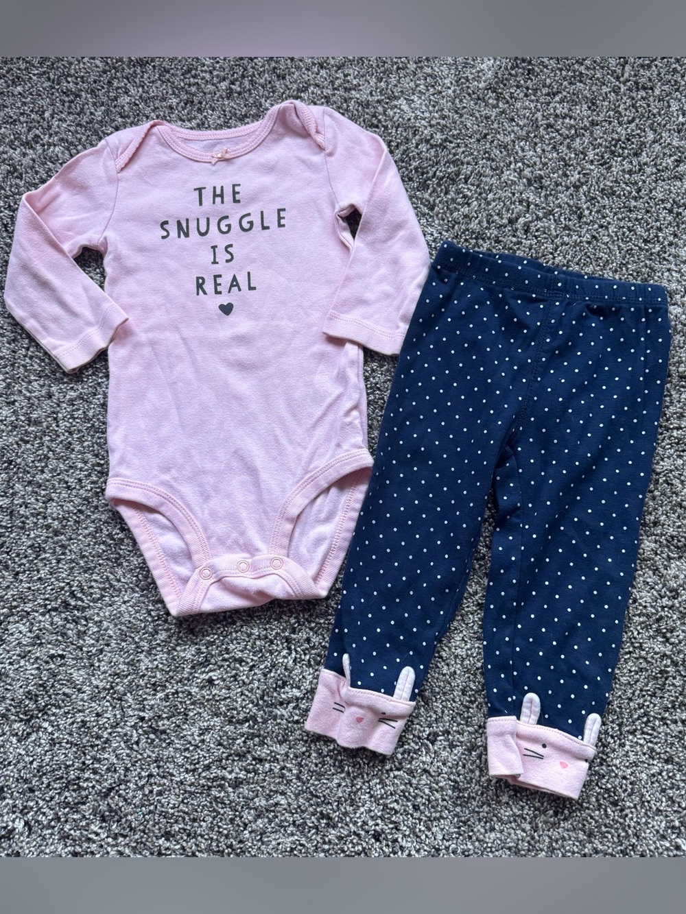 Pink Long-Sleeve Baby One-Piece with Navy Polka Dot Pants Set